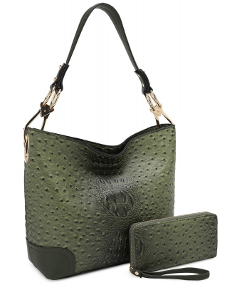 Ostrich Croc 2-in-1 Bucket Bag BW1470 GREEN